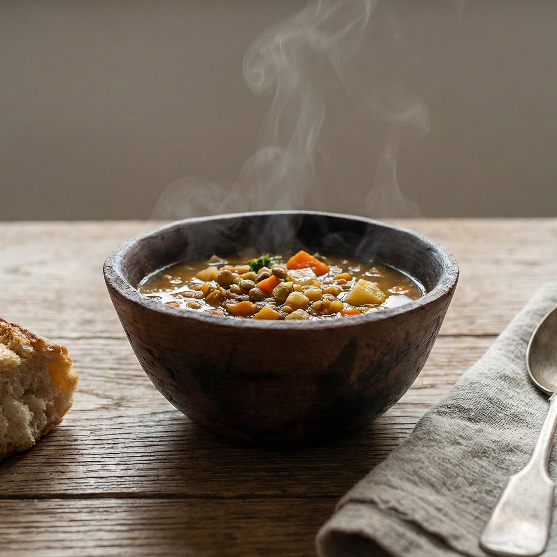 Steaming bowl of soup with bread and a spoon on a wooden table