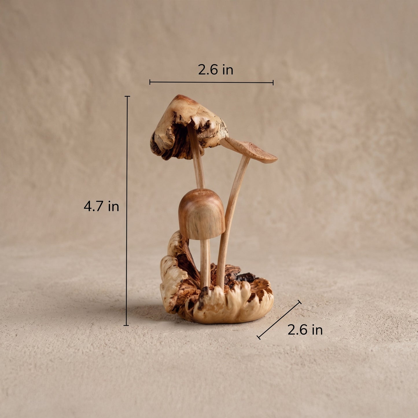 Hand-carved Jempinis parasite wood mushroom sculpture from Indonesia, shown with dimensions 2.6 x 2.6 x 4.7 inches, fair-trade handcrafted decor from WILLAGE