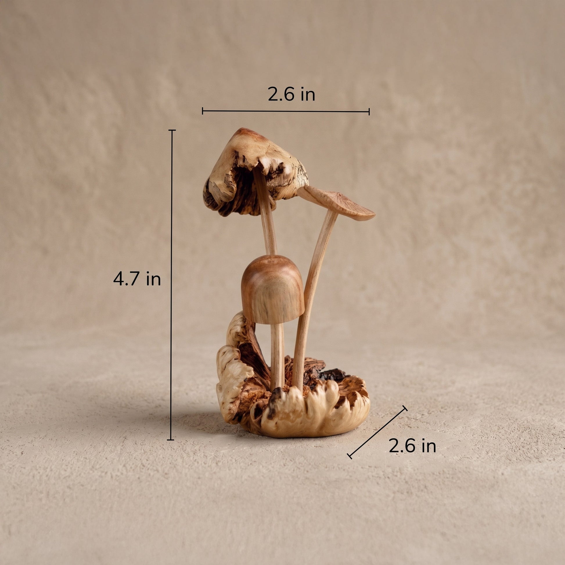 Hand-carved Jempinis parasite wood mushroom sculpture from Indonesia, shown with dimensions 2.6 x 2.6 x 4.7 inches, fair-trade handcrafted decor from WILLAGE
