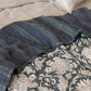 Detail of reversible side of Ophelia linen quilt showing hand-block printed indigo stripe pattern on European linen